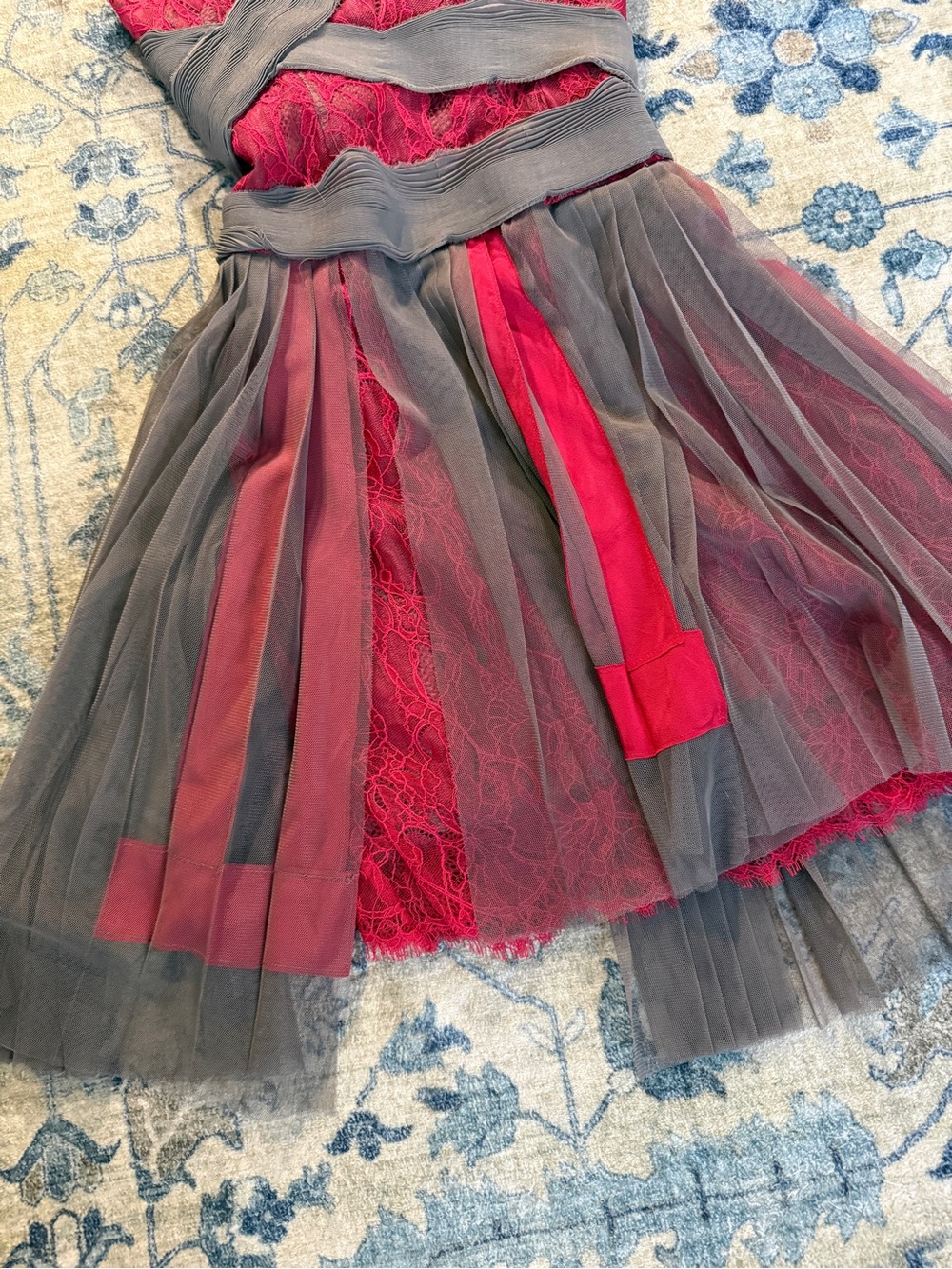 BCBGMaxAzria Red and Gray Ruffled One-Shoulder Tulle Dress - Picture 3 of 5